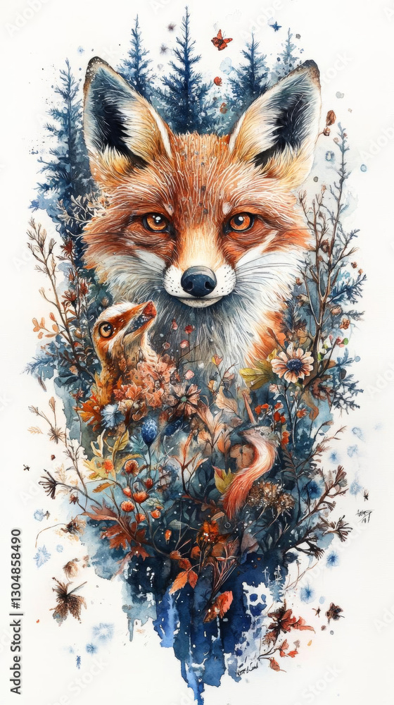 Fototapeta premium captivating watercolor painting of fox surrounded by nature, flowers, and bird, showcasing vibrant colors and intricate