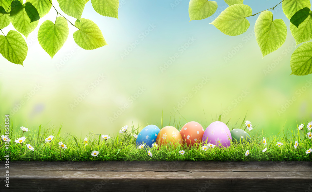 Five painted easter eggs celebrating a Happy Easter on a spring day with a green grass meadow, bright sunlight, tree leaves, warm colour background, copy space and a wooden bench to display products.