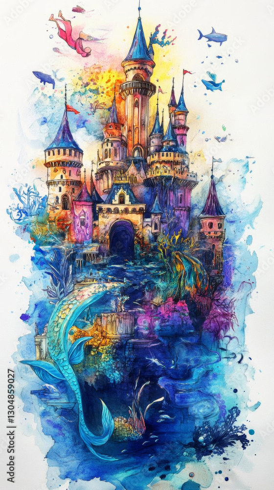 Fototapeta premium vibrant watercolor painting of magical castle surrounded by underwater life, featuring swimmer and colorful marine creatures