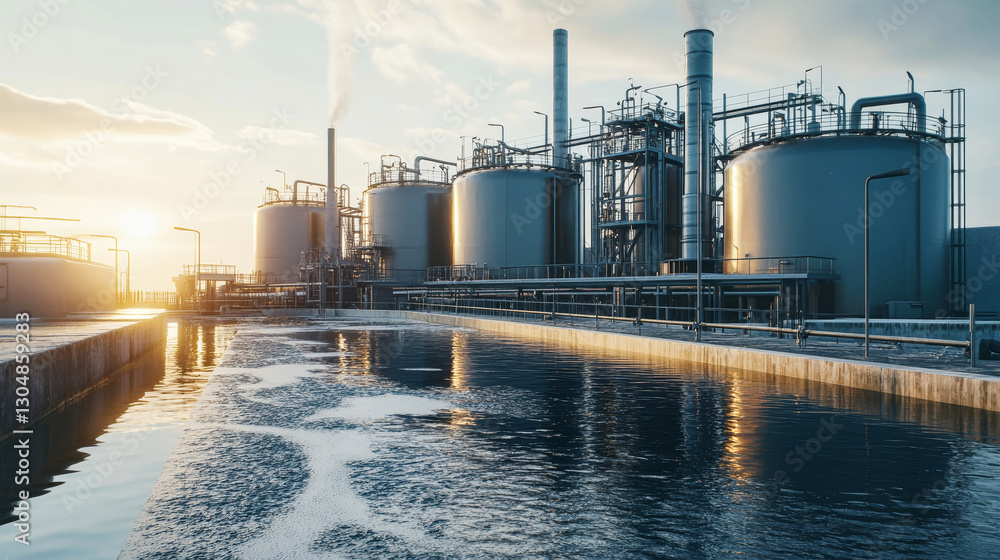 Obraz premium Innovative water desalination plant along the seaside harnesses sustainable practices with natural light illuminating the facility