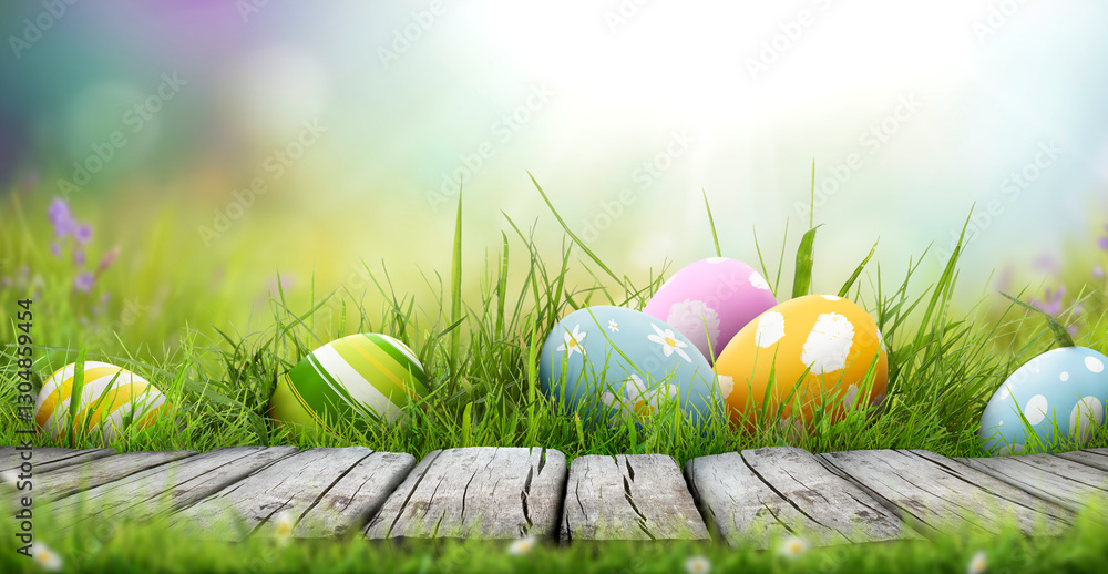 Six painted easter eggs celebrating a Happy Easter on a spring day with a green grass meadow, bright sunlight and a warm colour background with copy space and a wooden bench to display products.