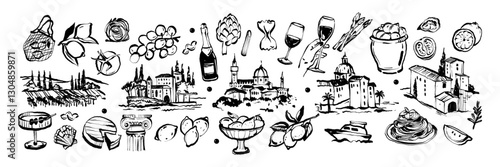 Italian icon set, vector hand drawn food drinks illustration, ink brushstroke texture, wine glass. European landscape view, Florence architecture sketch, eatery doodle collection. Italian icon design