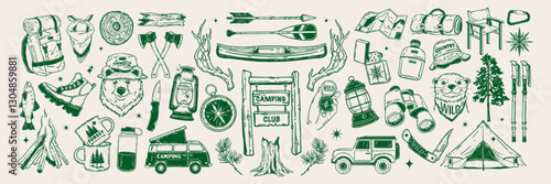 Camping doodle icon set, forest adventure hand drawn vector line sticker, woodland hiking objects. Cute bear outer logotype, outdoor activity adventure badge print, campfire, backpack. Camping doodle