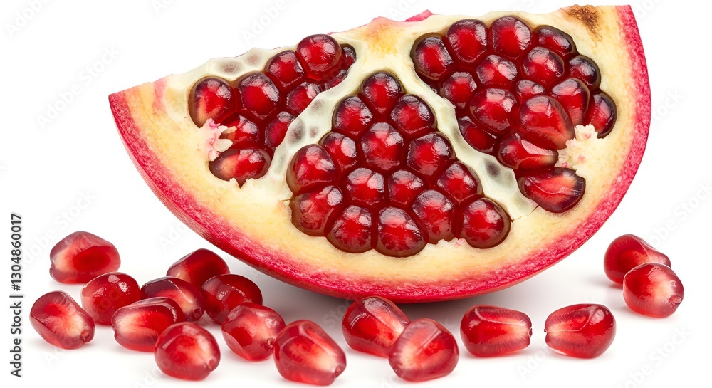 A high-resolution, close-up image of a freshly sliced pomegranate with glistening red seeds spilling out onto a pure white background A high-resolution, close-up image of a freshly sliced pomegranate with glistening red seeds spilling out onto a pure white background