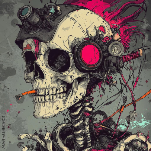 Captivating digital art featuring skull with vibrant colors and accessories, evoking dark and edgy atmosphere