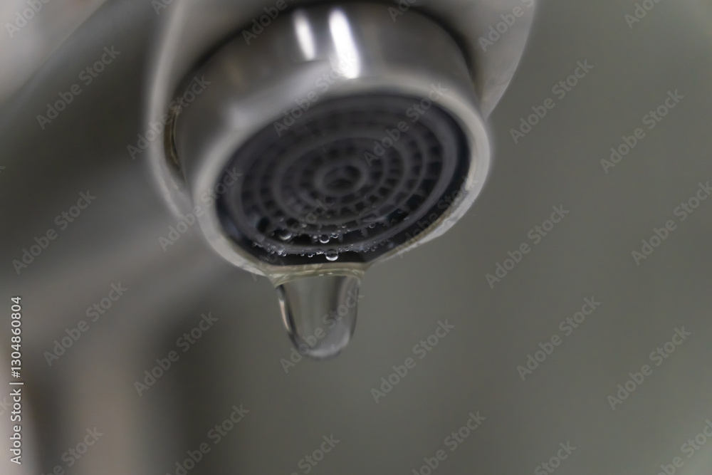 Close-up view of a water droplet poised to fall from a chrome faucet aerator, emphasizing the critical issues of water waste and the importance of resource conservation in households Close-up view of a water droplet poised to fall from a chrome faucet aerator, emphasizing the critical issues of water waste and the importance of resource conservation in households