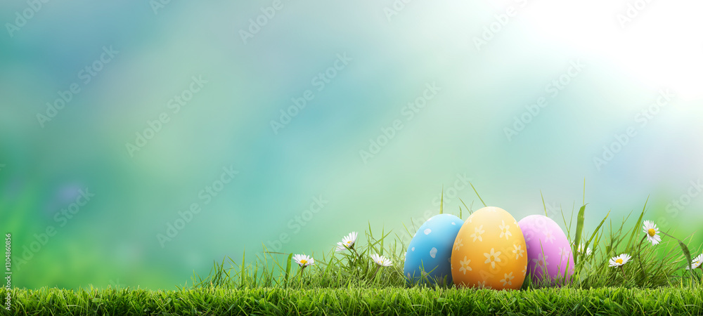 Three painted easter eggs celebrating a Happy Easter on a spring day with a green grass meadow, bright sunlight and a cool colour background with copy space.