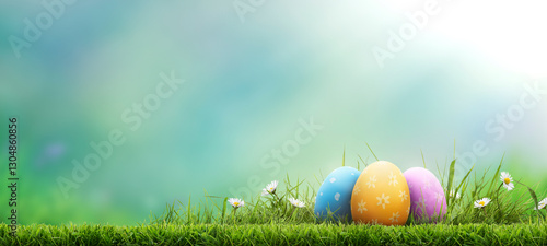 Obraz na płótnie Three painted easter eggs celebrating a Happy Easter on a spring day with a green grass meadow, bright sunlight and a cool colour background with copy space. w salonie