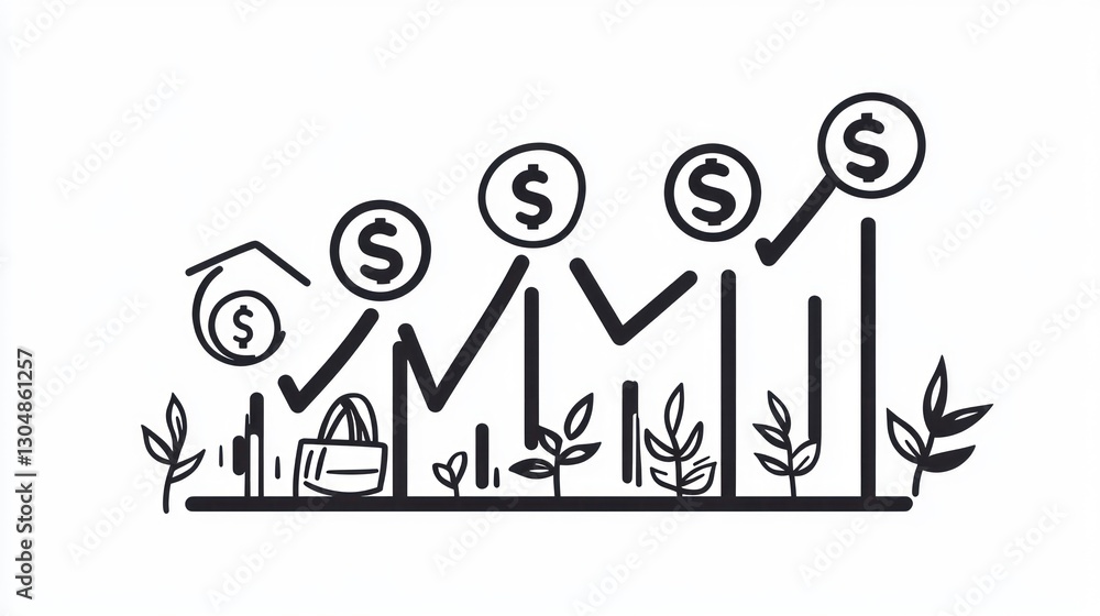Financial Growth Illustration, Simple Stick Figure People with Increasing Dollar Signs, Business Concept Financial Growth Illustration, Simple Stick Figure People with Increasing Dollar Signs, Business Concept