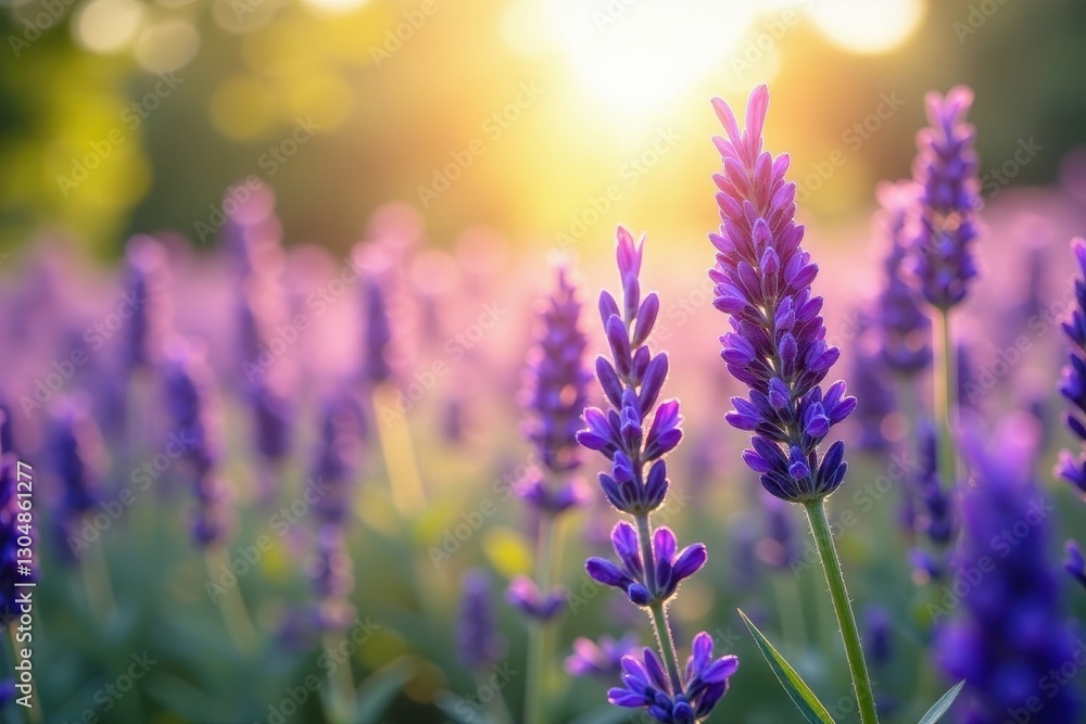 Naklejka premium Summer sunlit lavender blooms, vibrant purple hues, summer, fragrance, insect