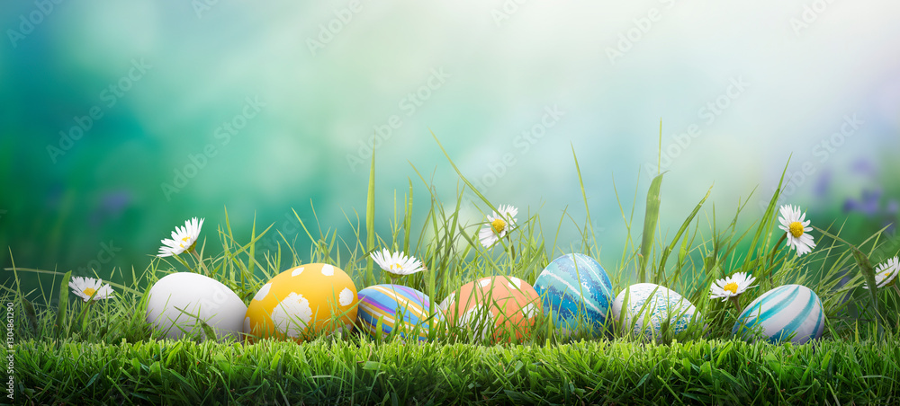 Seven painted easter eggs celebrating a Happy Easter on a spring day with a green grass meadow, bright sunlight and a cool colour background with copy space.