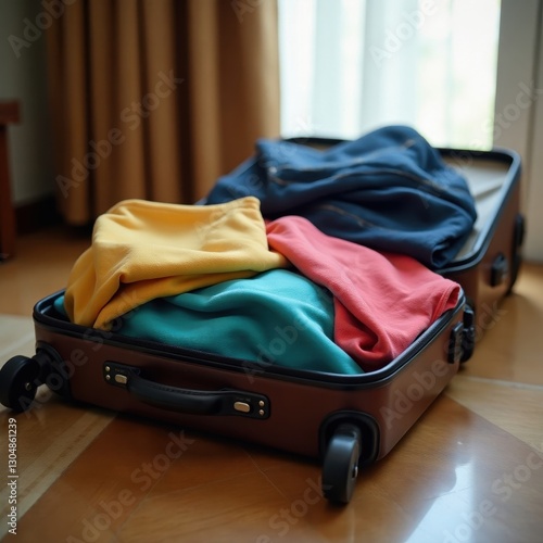 Suitcase half-open, clothes spilling slightly onto hotel floor, overnight bag, jetsetter, hotel room photo