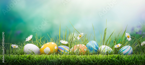 Obraz na płótnie Seven painted easter eggs celebrating a Happy Easter on a spring day with a green grass meadow, bright sunlight and a cool colour background with copy space. w salonie