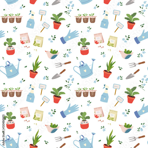 Vector seamless pattern with gardening tools, trowels, watering cans, young plants and blue flowers Springtime hands-on gardening texture for fabrics, packaging, wrapping paper, backgrounds