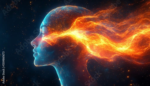 Abstract human head absorbing luminous energy flows