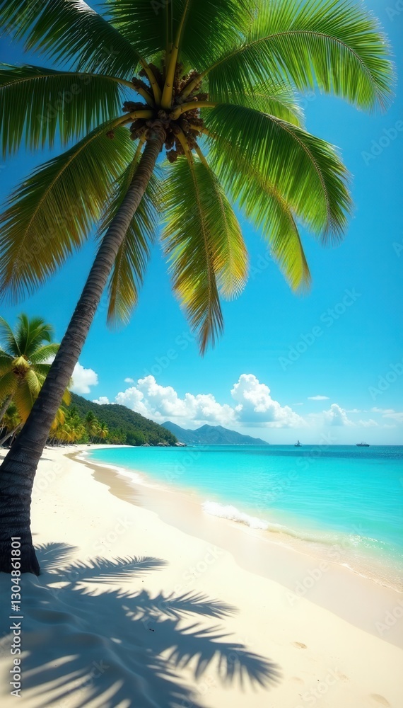 Obraz premium Sun-drenched beach, swaying palm trees, turquoise water, green, white, landscape