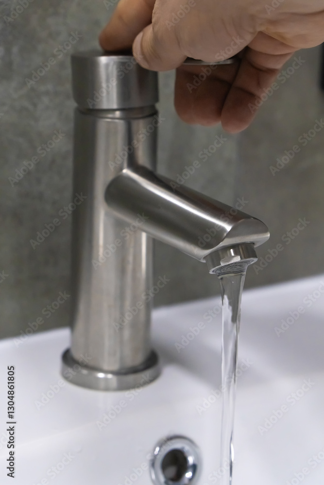 Hand turning on a brushed nickel faucet in a modern bathroom, with clear water flowing into a clean white sink, promoting water conservation and hygiene. Vertical photo Hand turning on a brushed nickel faucet in a modern bathroom, with clear water flowing into a clean white sink, promoting water conservation and hygiene. Vertical photo