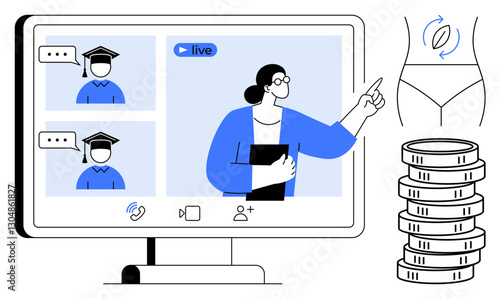 Teacher giving an online class to students in caps on live video, health and wellness illustrations, and coin stacks. Ideal for education, health, wealth, online training, virtual tools, innovation