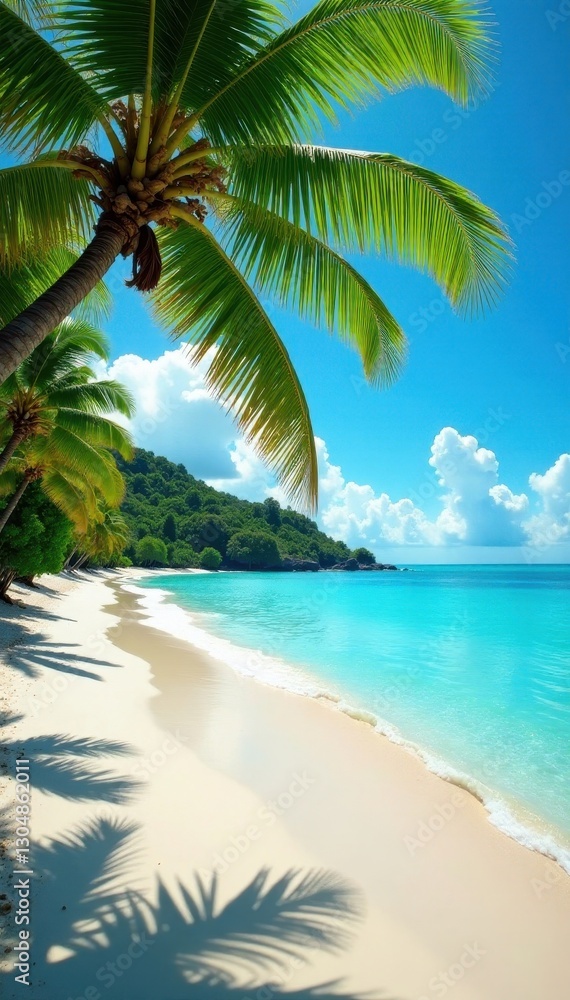 Fototapeta premium Sun-drenched beach, swaying palm trees, turquoise water, serene, sun