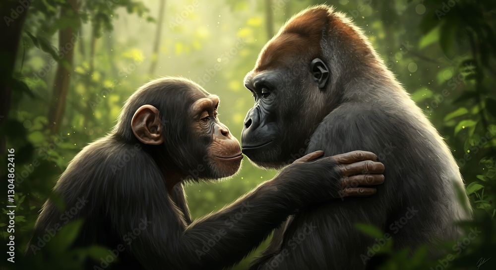 Fototapeta premium Chimpanzee and Gorilla Touching Faces in Lush Green Forest
