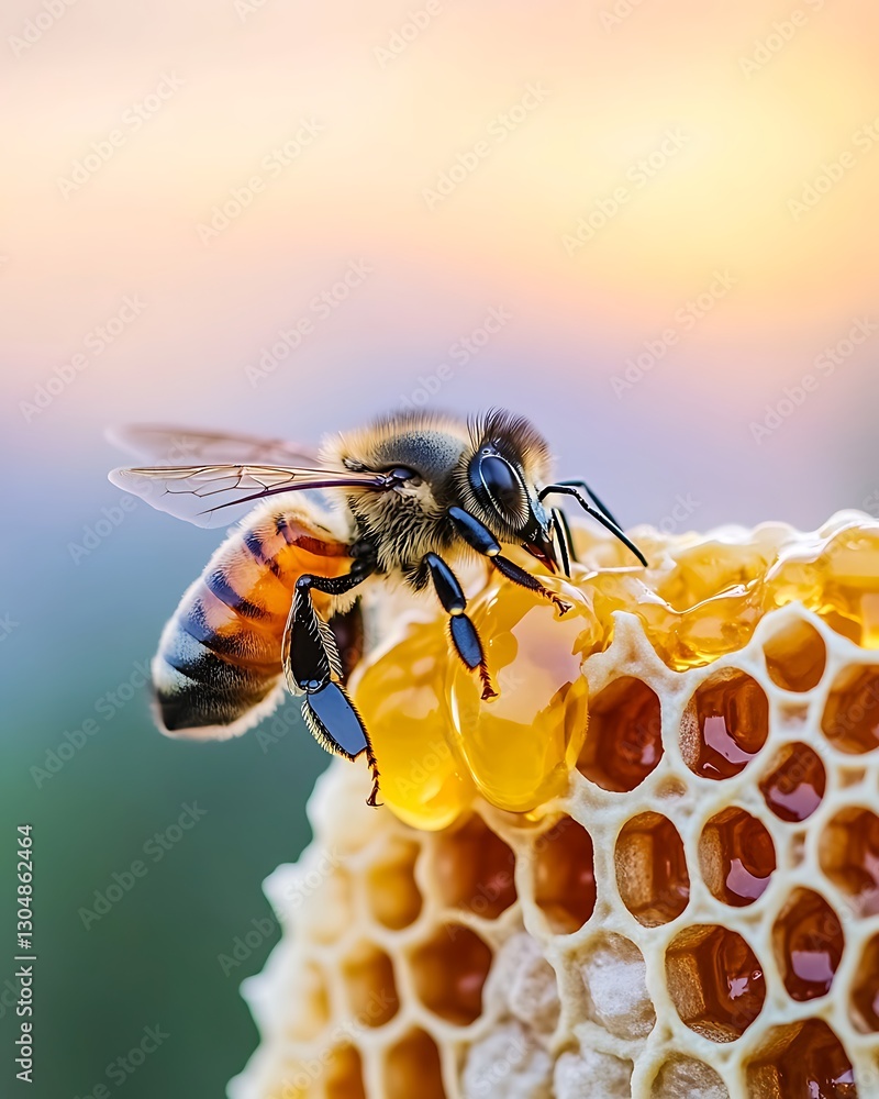 Bee sips honey from honeycomb at sunset. Use ecology, farming, nature, or food Bee sips honey from honeycomb at sunset. Use ecology, farming, nature, or food