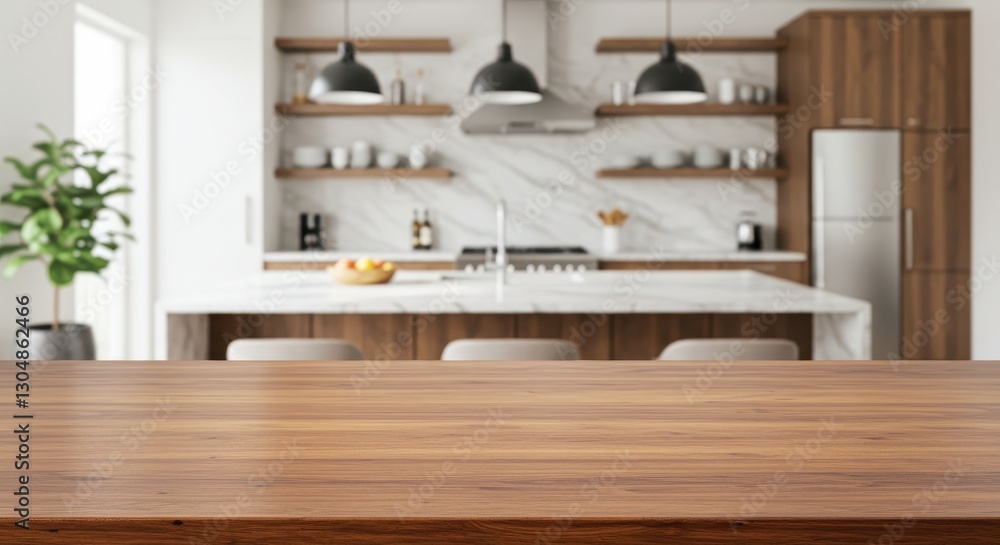 A sleek wooden kitchen countertop with a polished finish placed in the foreground with a blurred view of a modern open concept kitchen in the background A sleek wooden kitchen countertop with a polished finish placed in the foreground with a blurred view of a modern open concept kitchen in the background