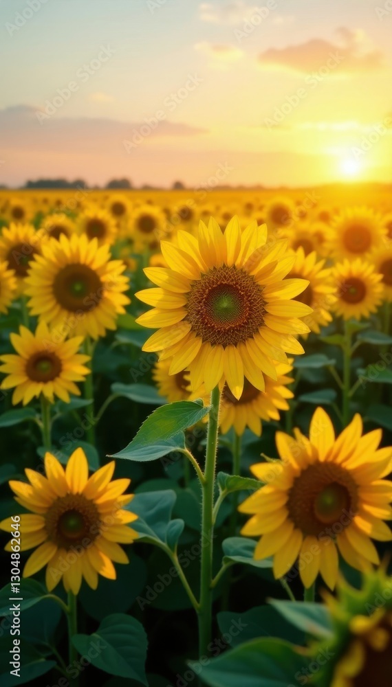 Obraz premium Sunflowers in vast field, golden heads east, dawn light , bright, growth