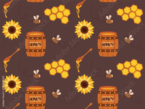 Seamless pattern with honey in wooden barrels, honeycombs and bees on a brown background