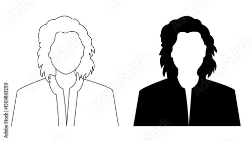 A profile illustration of a woman's silhouette. An outline businesswoman profile illustration. A black and white female avatar picture.