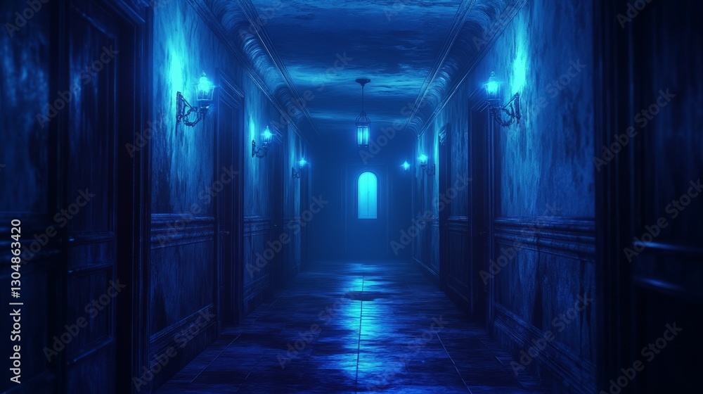 A corridor with evenly spaced blue neon lamps along its edges, leading to a distant glowing door 
