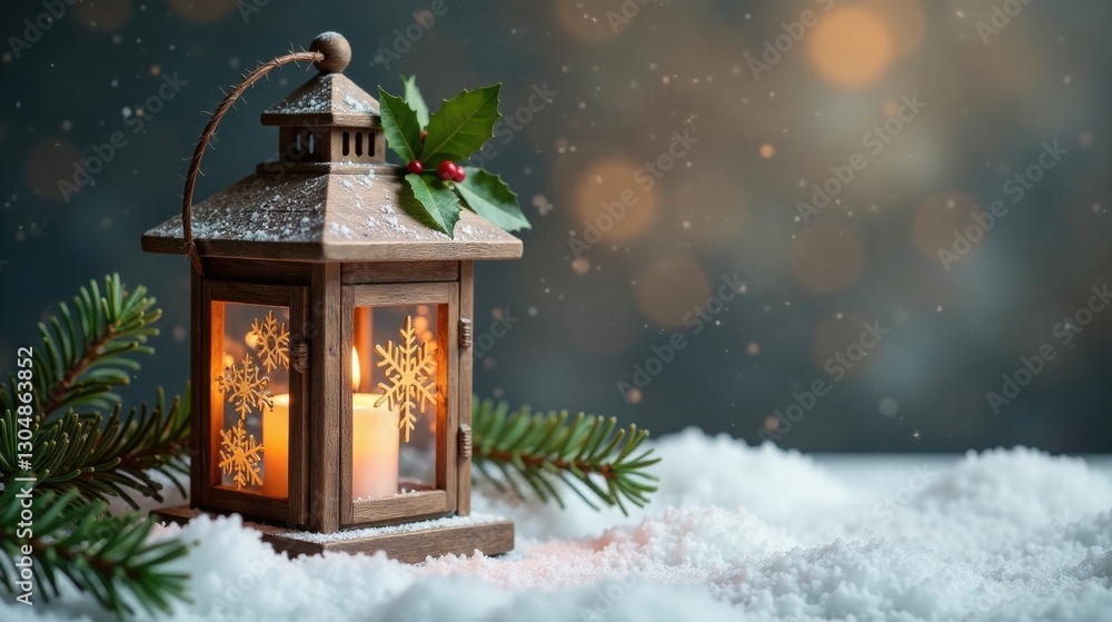 A snow-dusted lantern with a flickering candle illuminates a winter scene, adorned with evergreen boughs and holly berries, creating a warm and festive ambiance. A snow-dusted lantern with a flickering candle illuminates a winter scene, adorned with evergreen boughs and holly berries, creating a warm and festive ambiance.