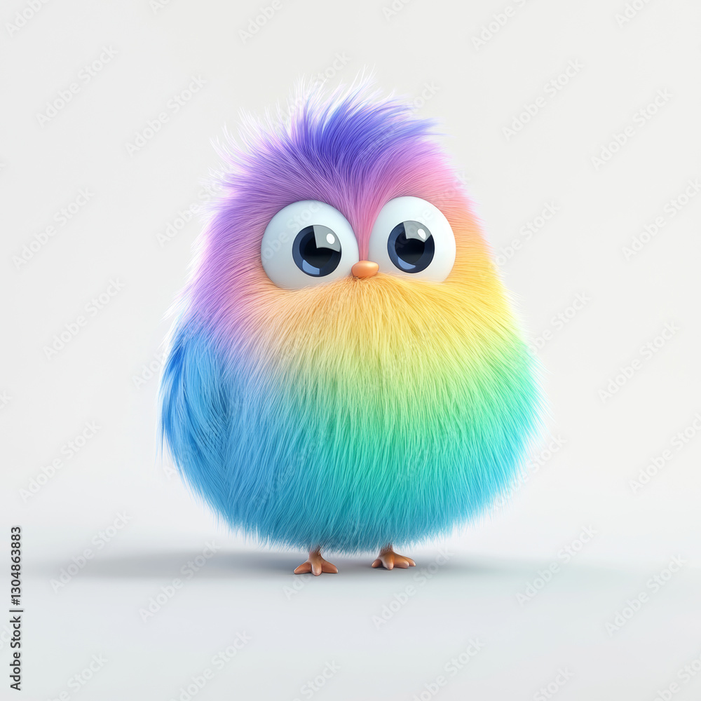 Fototapeta premium Cute fluffy bird in pastel colors, featuring vibrant rainbow gradient