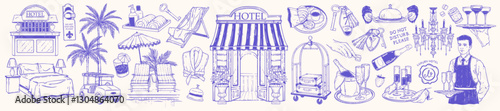 Hotel doodle set, hand drawn summer vacation vector illustration, wedding honeymoon rest line print. Waiter champagne cocktail beverages, bedroom interior, villa entrance door sign. Hotel doodle icon