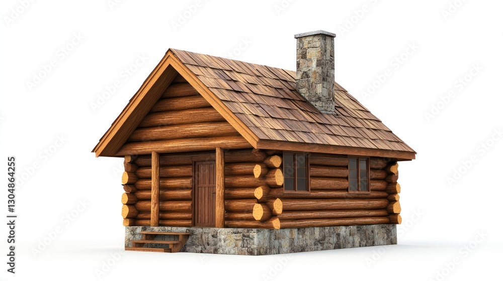 3D Wooden Cabin on White Background, Stock Photo