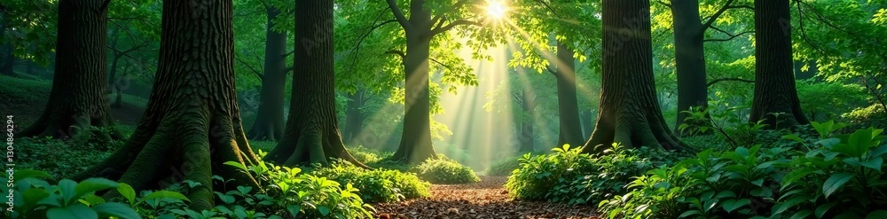 Obraz premium Dense foliage surrounds towering tree trunks in harmony, branches, dappled light
