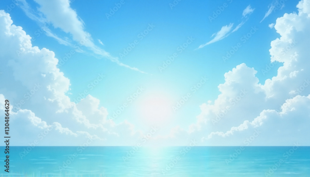 Blue sky with clouds and bright sunlight over serene ocean view, outdoor nature setting Blue sky with clouds and bright sunlight over serene ocean view, outdoor nature setting