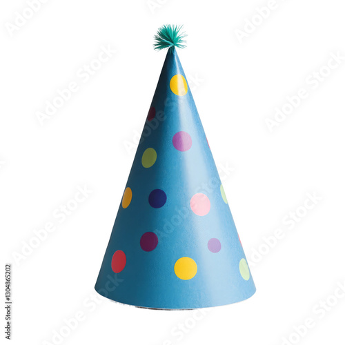 a blue party hat with colorful polka dots on a white background, birthday concept