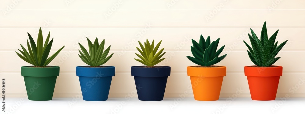 Five Succulents in Colorful Pots Against Light Wood Background Five Succulents in Colorful Pots Against Light Wood Background
