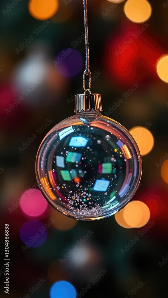 Fototapeta premium A delicate glass ball ornament suspended from a thin wire, shining, illuminated, reflective