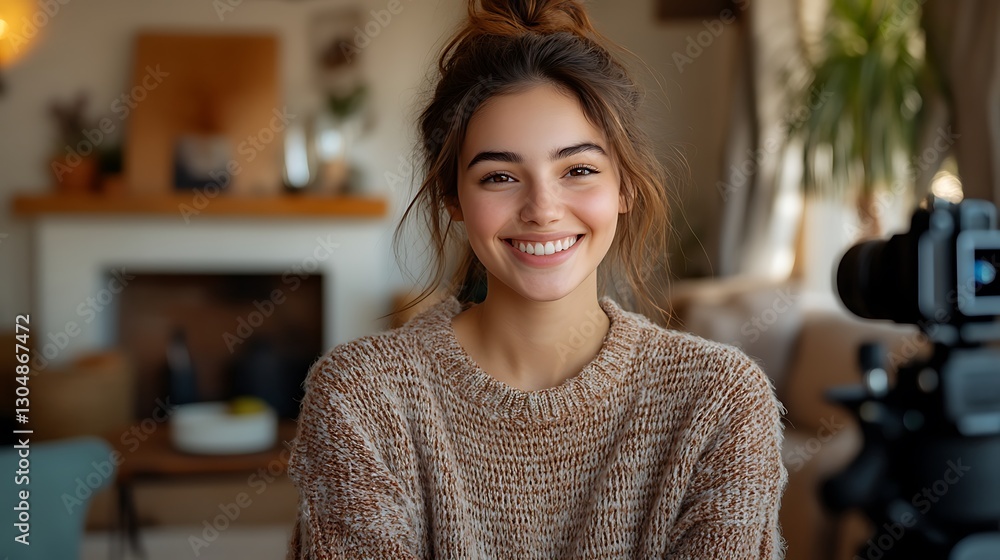 Cheerful young woman recording engaging vlog on smartphone, smiling warmly, seated comfortably in cozy home studio with aesthetic decor, natural daylight, DSLR-style realistic photography, Cheerful young woman recording engaging vlog on smartphone, smiling warmly, seated comfortably in cozy home studio with aesthetic decor, natural daylight, DSLR-style realistic photography,