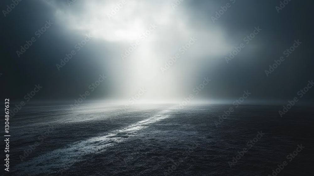Fototapeta premium A fog-filled space with a beam of light cutting through, creating a subtle spotlight effect on the ground.