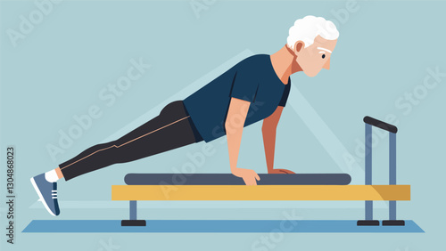 Silverhaired gentlemen ease into modified planks and bridges on padded pilates machines aided by supportive ss and handles.. Vector illustration