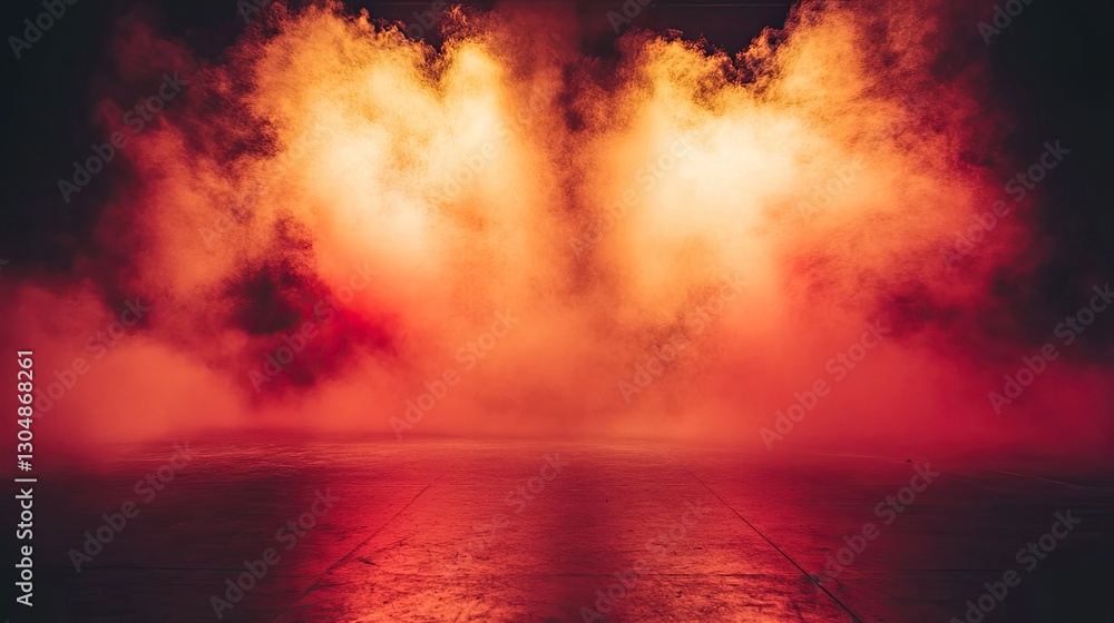 Fototapeta premium Bright red and yellow lights blending together in a smoky stage environment, creating a bold visual impact.