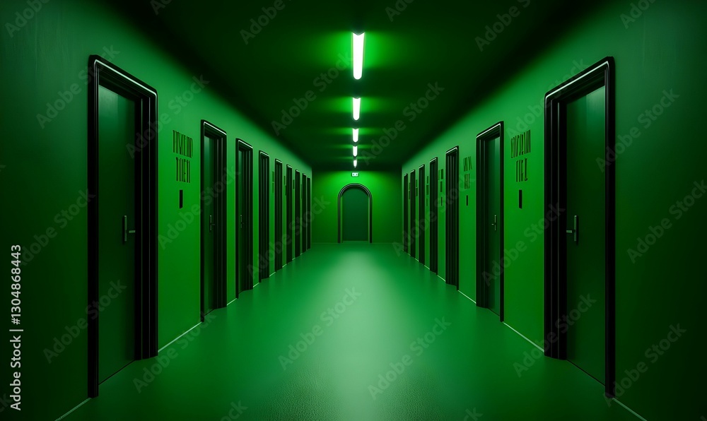 Fototapeta premium Surreal Corridor with Green Walls and Doors Under Neon Lighting