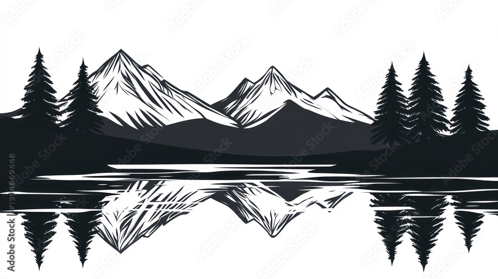 Fototapeta premium Mountain lake landscape sketch, tranquil scene, peaceful reflection, artistic illustration, for print or digital use