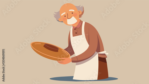 Wearing a wellworn smock and a content smile an elderly pottery master delicately etches a detailed design onto a large platter their experience evident in every stroke.. Vector illustration