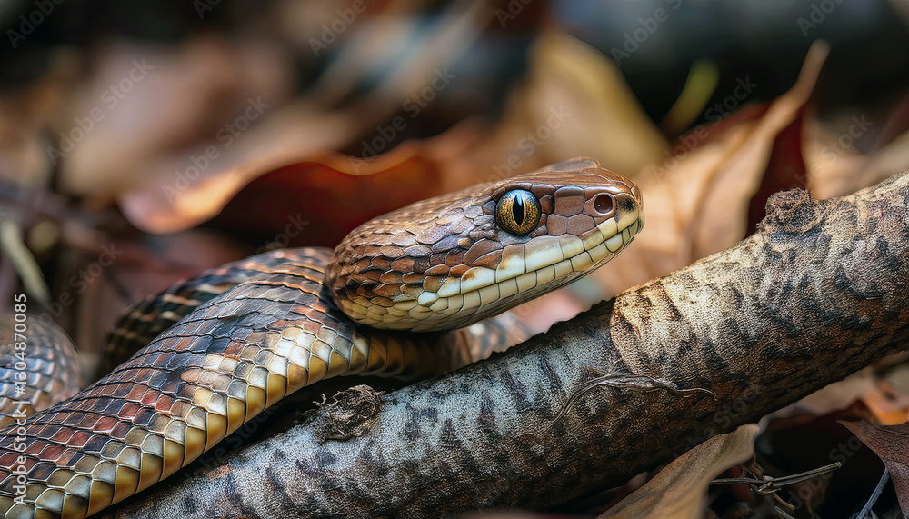 Obraz premium Camouflaged Venomous Snake Hidden in Dry Leaves and Branches
