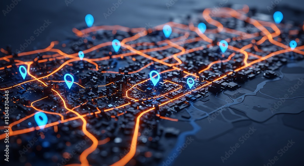 Obraz premium A dark background image features a map with blue glowing pins and dynamic lines tracing paths between them. 