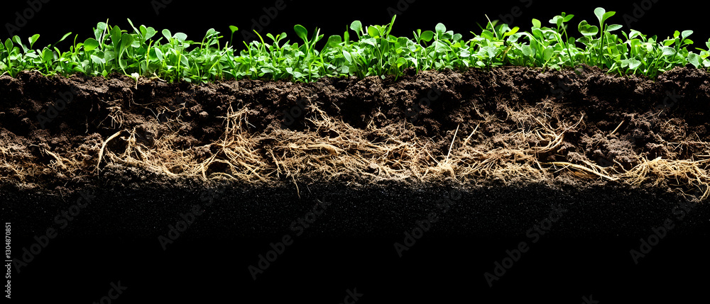 Fototapeta premium Soil cross-section, plants, roots, growth