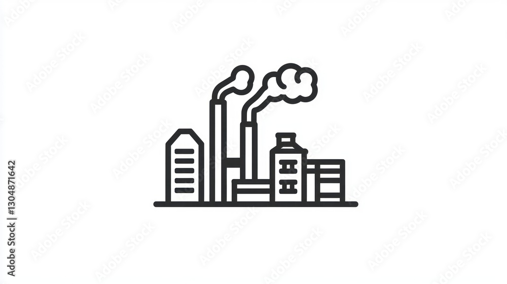 Fototapeta premium Industrial complex with smoke stacks, urban factory, simple line drawing